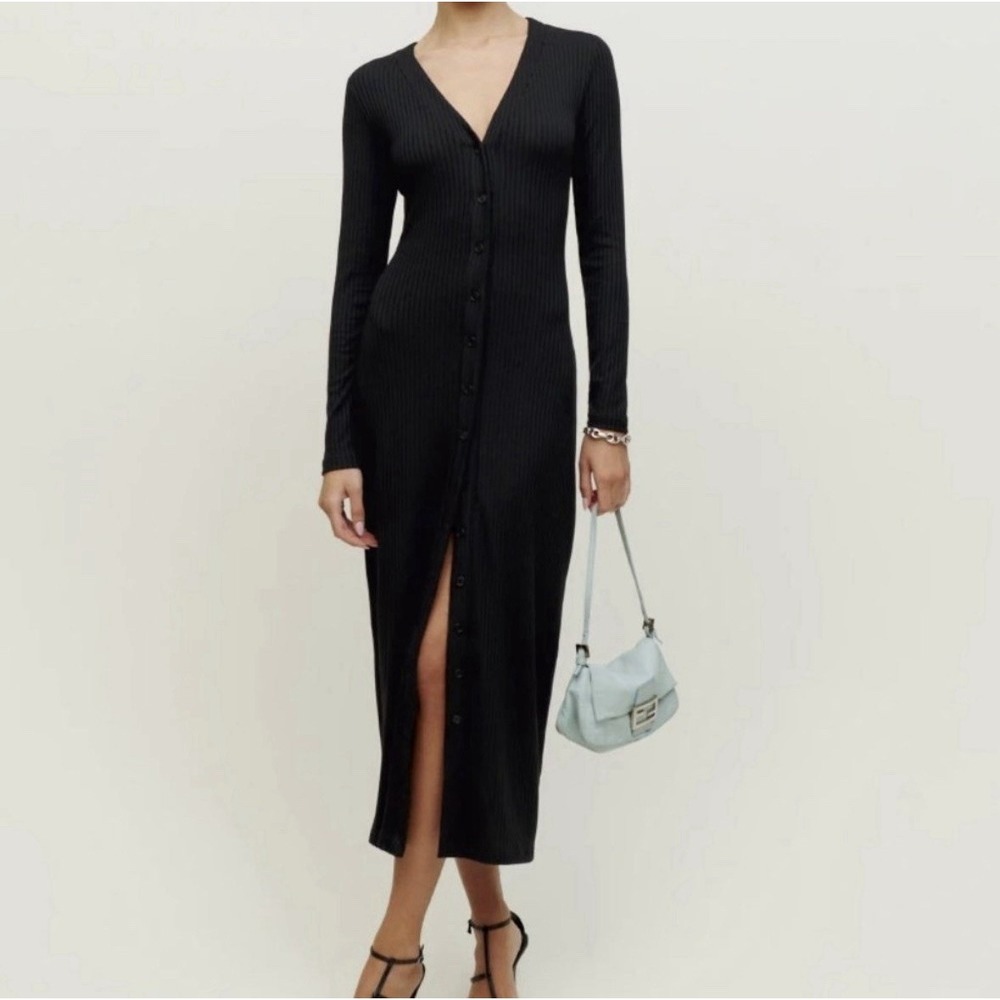 Reformation Ricky Knit Dress Ribbed Black Long Sleeve Stretchy Size Large READ